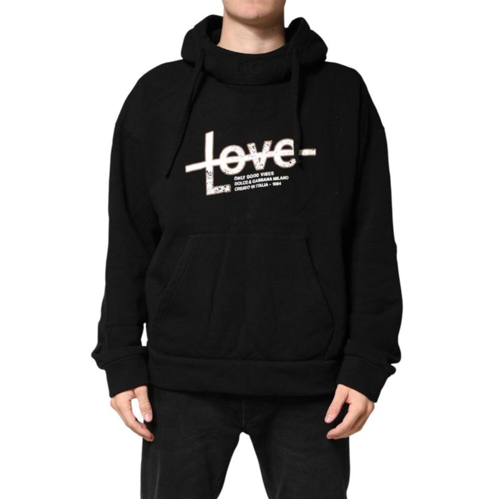 Dolce & Gabbana Black Cotton Printed Men Hooded Sweatshirt Men's Sweater